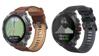 Two Polar Grit X2 Pro watches on white background. One screen shows a map with a line and pointer, the other shows an elevation profile of a route