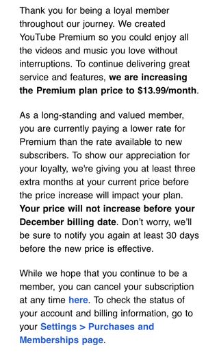 An email from YouTube Premium explains that pricing is going up to $13.99 per month, effective December 2023.