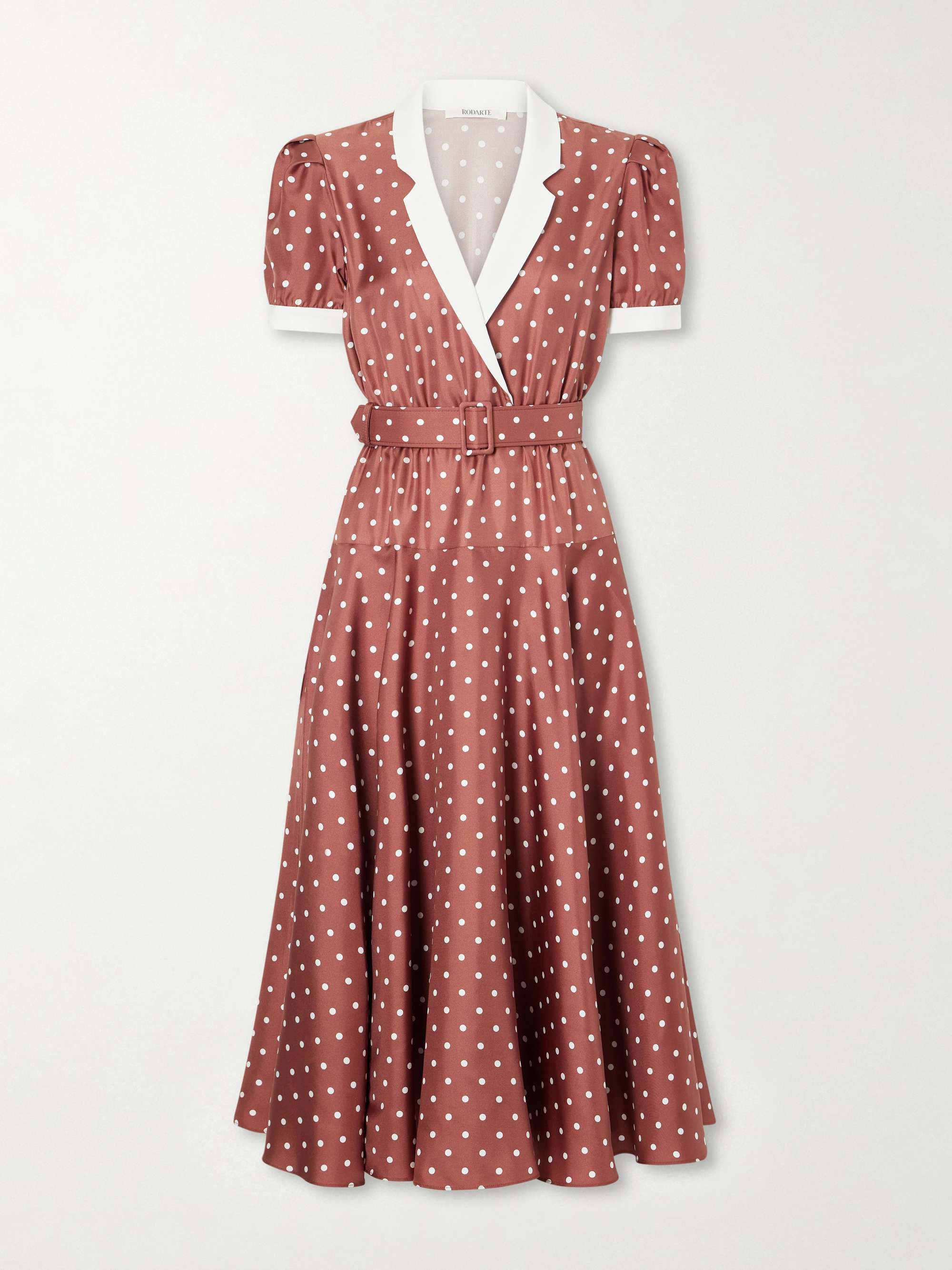 Belted Pleated Polka-Dot Crepe-Trimmed Silk-Twill Midi Dress