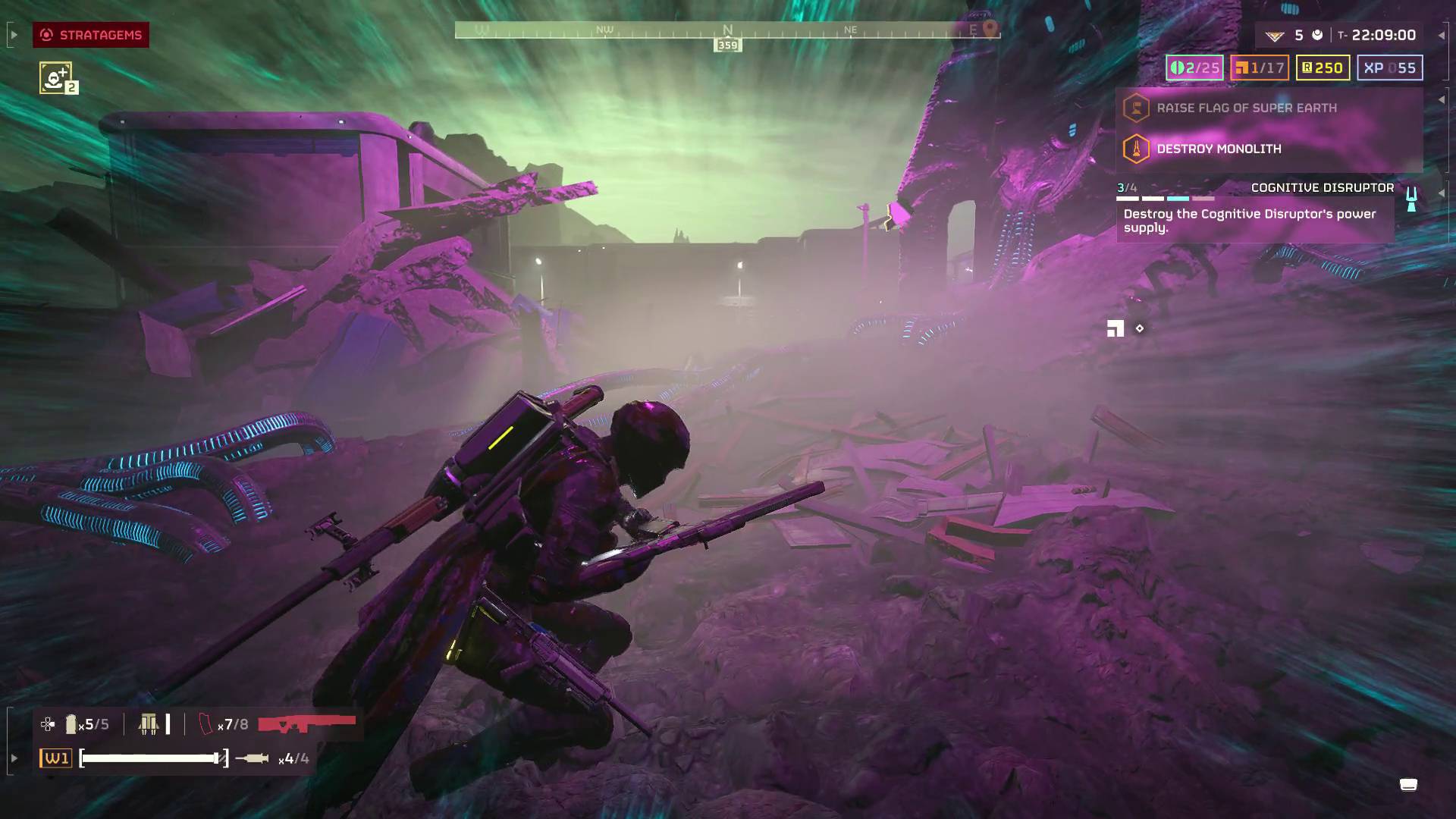 Helldivers 2 Redacted Regiment Warbond helldiver sneaking around Illuminate disruptor with stealth gear