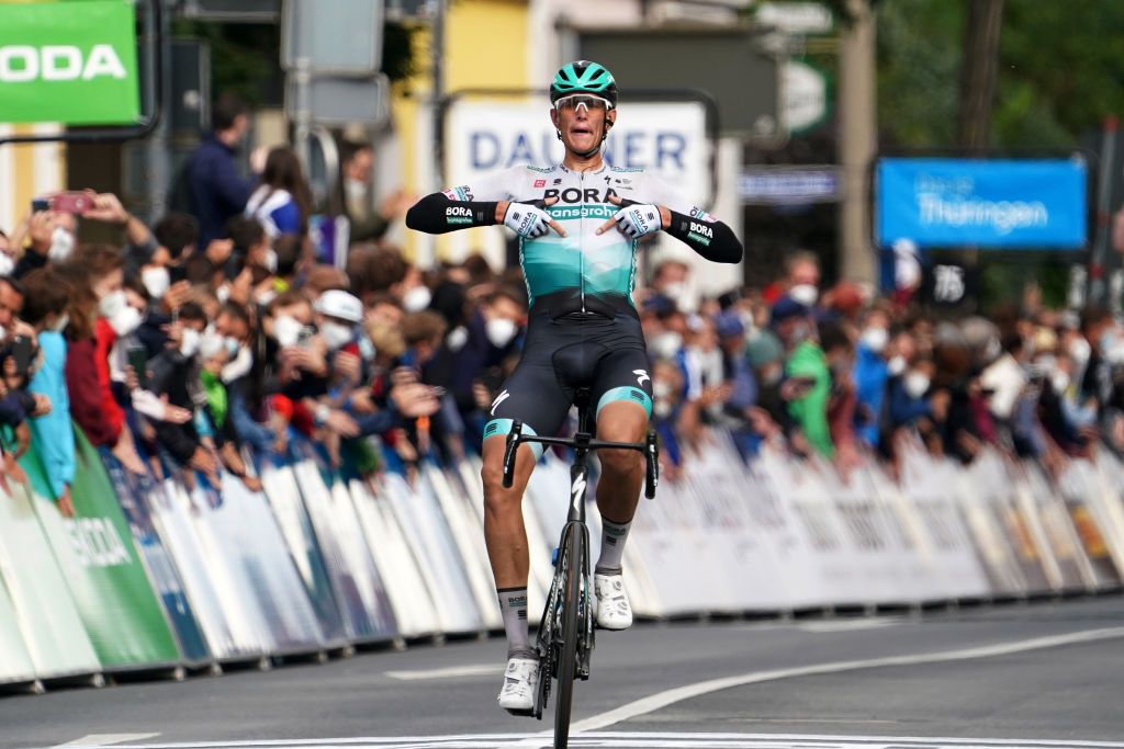 ERLANGEN GERMANY AUGUST 28 Nils Politt of Germany and Team Bora Hansgrohe celebrates winning during the 35th Deutschland Tour 2021 Stage 3 a 1933km stage from Ilmenau to Erlangen DeineTour on August 28 2021 in Erlangen Germany Photo by Christian KasparBartkeGetty Images