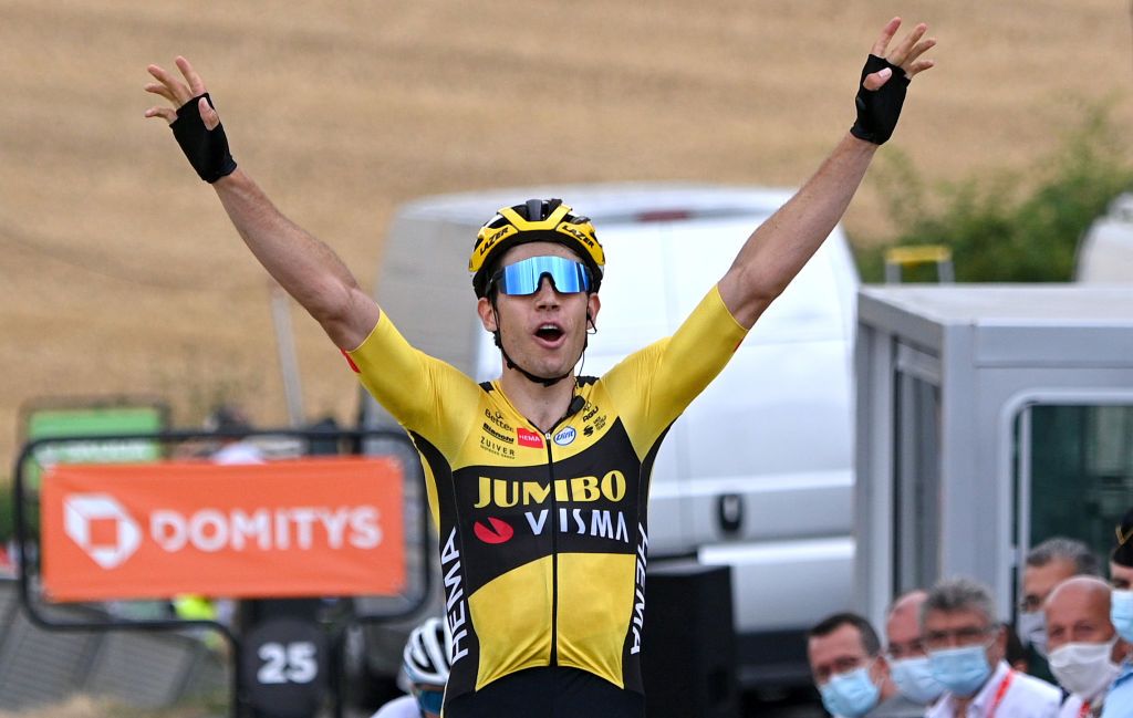 SAINT CHRISTO EN JAREZ FRANCE AUGUST 12 Arrival Wout Van Aert of Belgium and Team Jumbo Visma Celebration during the 72nd Criterium du Dauphine 2020 Stage 1 a 2185km stage from Clermont Ferrand to Saint Christo en Jarez 752m dauphine Dauphin on August 12 2020 in Saint Christo en Jarez France Photo by AnneChristine Poujoulat PoolGetty Images
