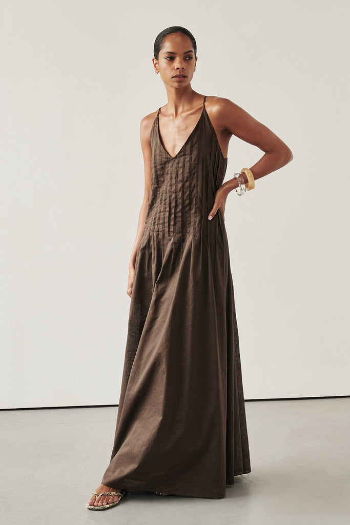 Tahlia Bitter Choc Linen Blend Midi Dress