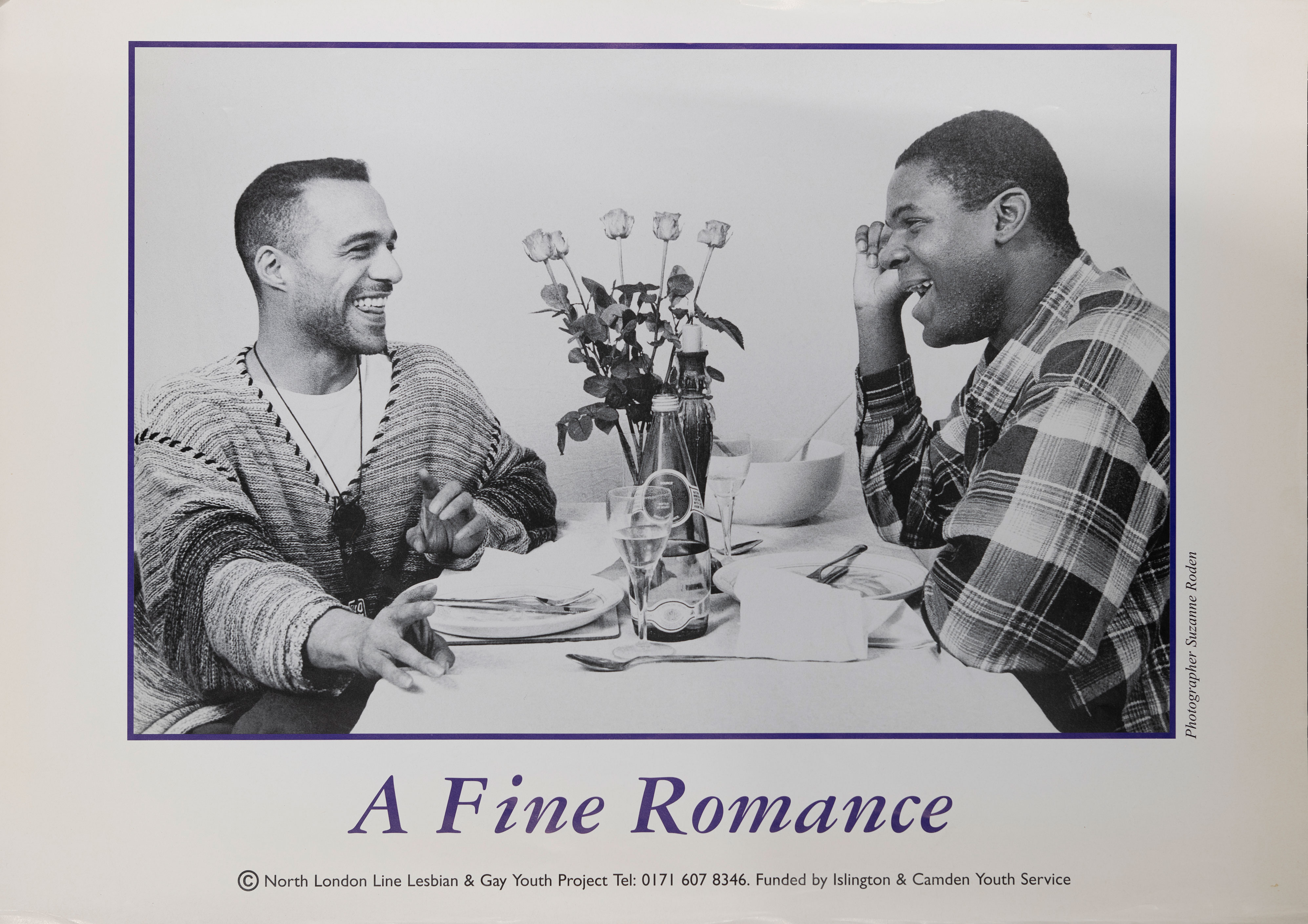poster of two men at dinner, smiling with the words: A fine romance