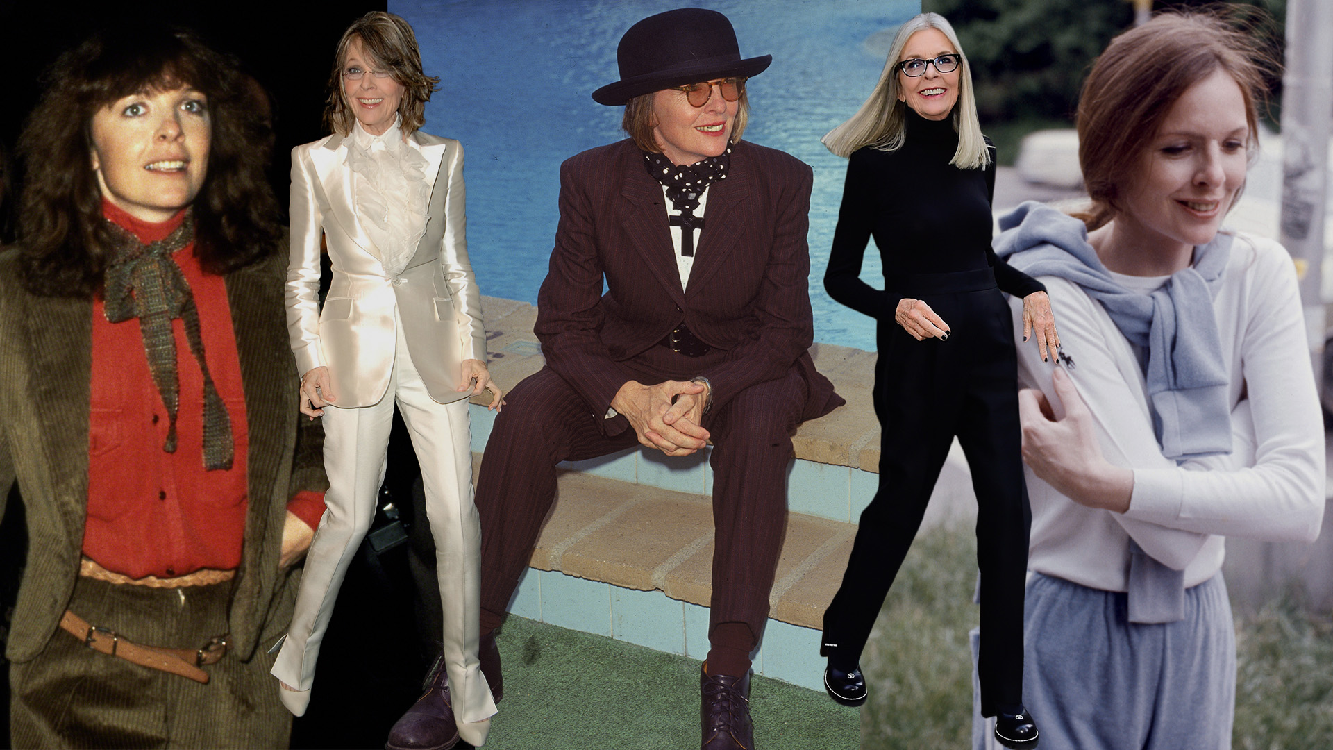 collage of diane keaton's most iconic outfits