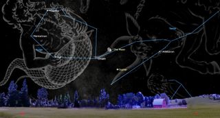 A giant transparent merman floats in the starry night sky, niext to a horn charging transparent bull, both traced internally with blue lines to show constellations.