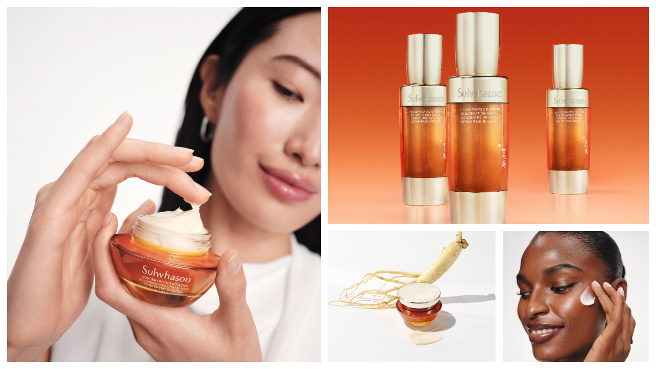 a collage of women applying sulwhasoo&#039;s skincare with still-life imagery of the skincare products