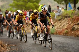 Remco Evenepoel (Soudal-QuickStep) leads the GC group up the Collado de la Cruz de Caravaca on stage 9 of the Vuelta a España