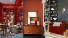 Rich red color schemes. Red living room with floor to ceiling decorated shelving. Red painted walls with mirror and artwork on top of cabinet. Blue living room with red lounge chair.