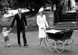 Catherine, Duchess of Cambridge pushes Princess Charlotte of Cambridge in her pram as Prince William, Duke of Cambridge and Prince George of Cambridge follow as they leave the Church of St Mary Magdalene on the Sandringham Estate for the Christening of Princess Charlotte of Cambridge on July 5, 2015 in King's Lynn, England. (Photo by Chris Jackson/Getty Images)