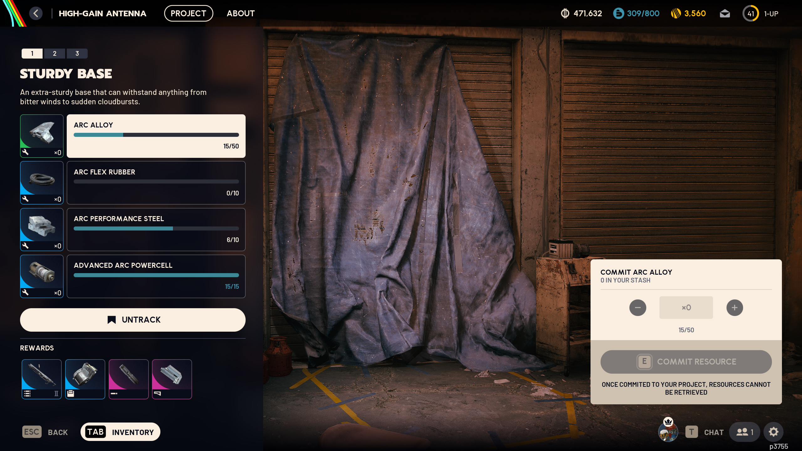 Arc Raiders High Gain Antenna: The Sturdy Base phase of the player project, showing the required materials and associated rewards.