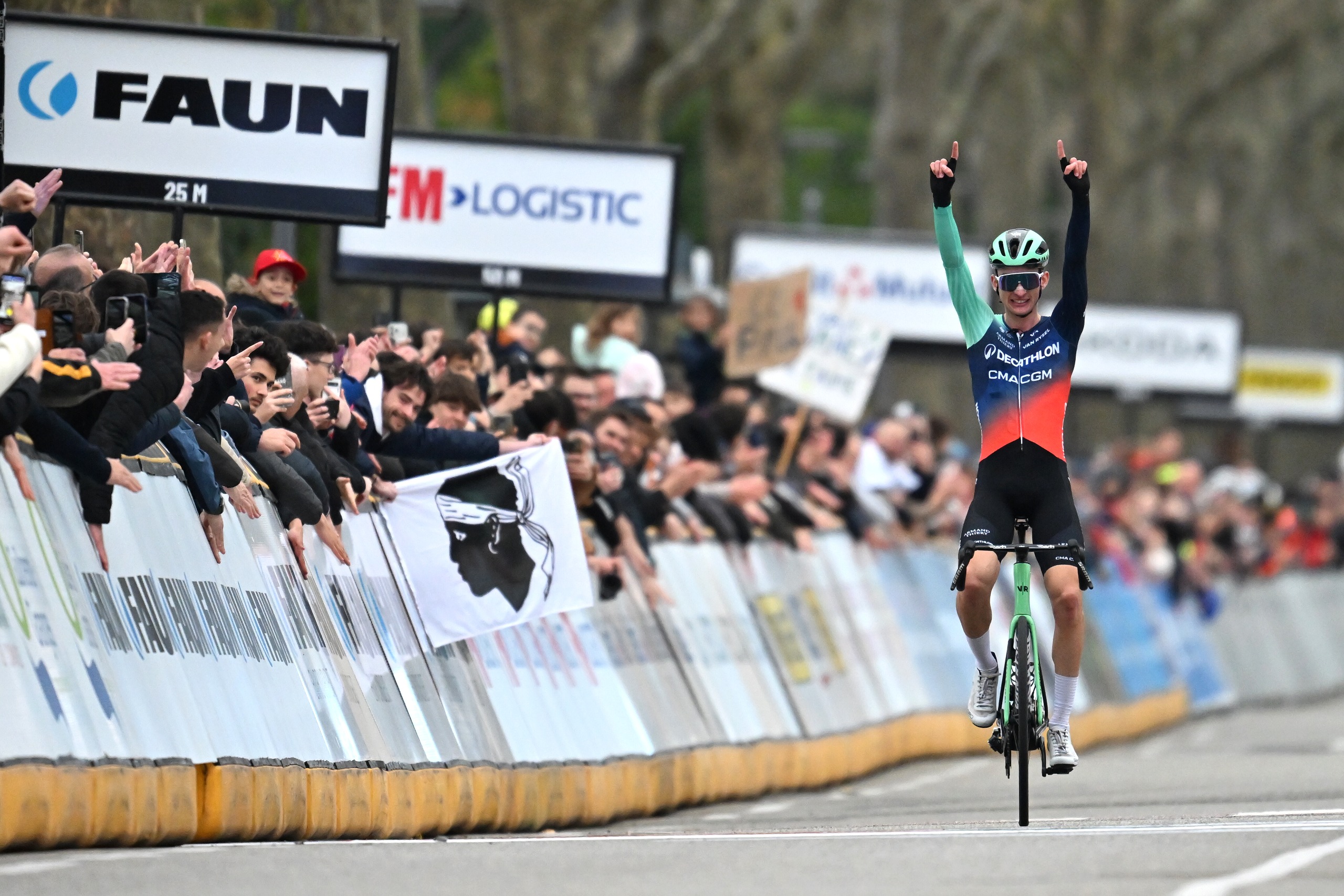 Paul Seixas of France and Team Decathlon CMA CGM celebrates at finish line as race winner during the 26th Faun-Ardeche Classic 2026 a 187.6km one day race from Guilherand-Granges to Guilherand-Granges on February 28, 2026 in Guilherand-Granges, France. (Photo by Billy Ceusters/Getty Images)