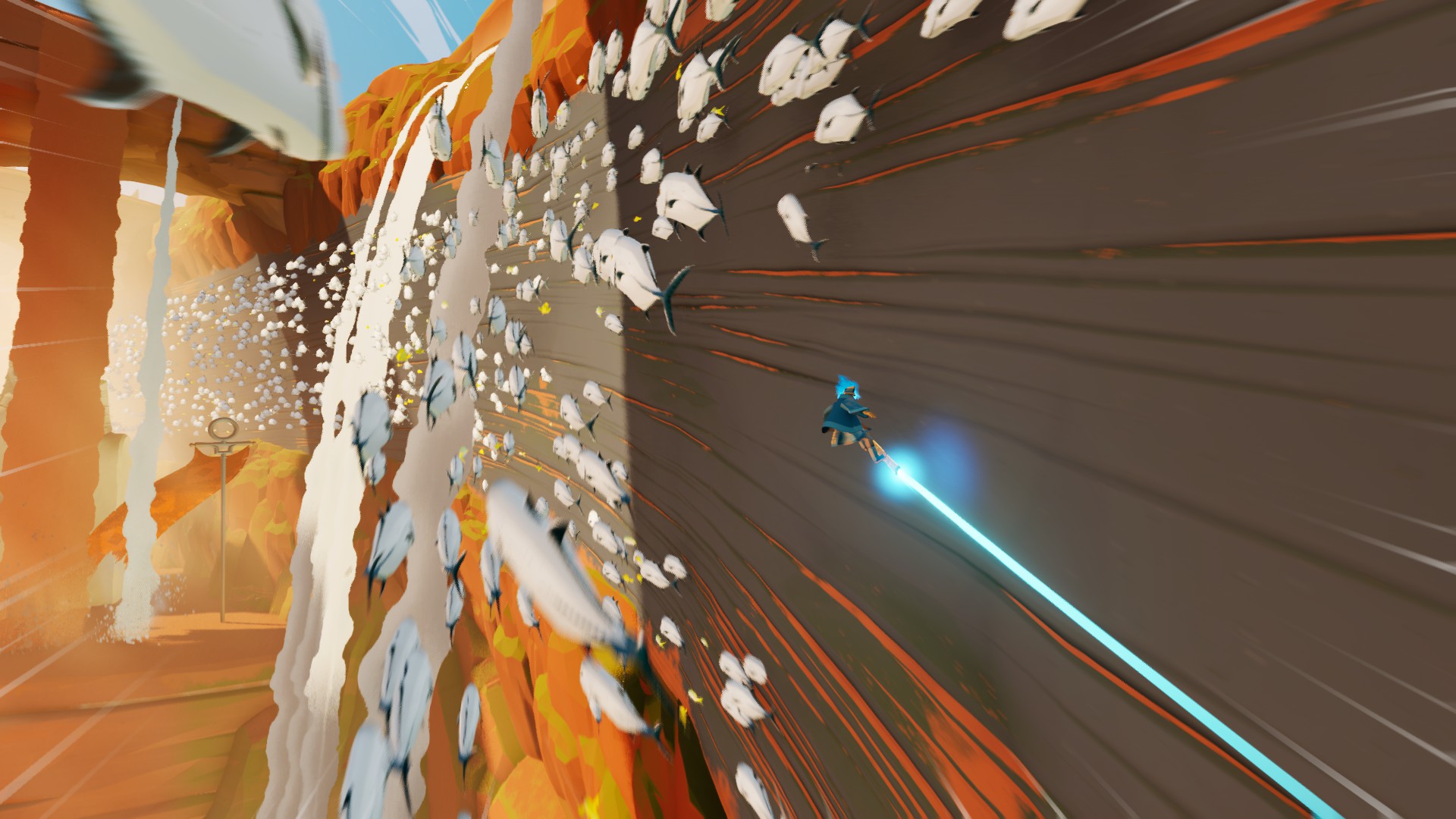 Wallriding on the hoverboard sword below pouring water in Sword of the Sea, with fish also cascading down