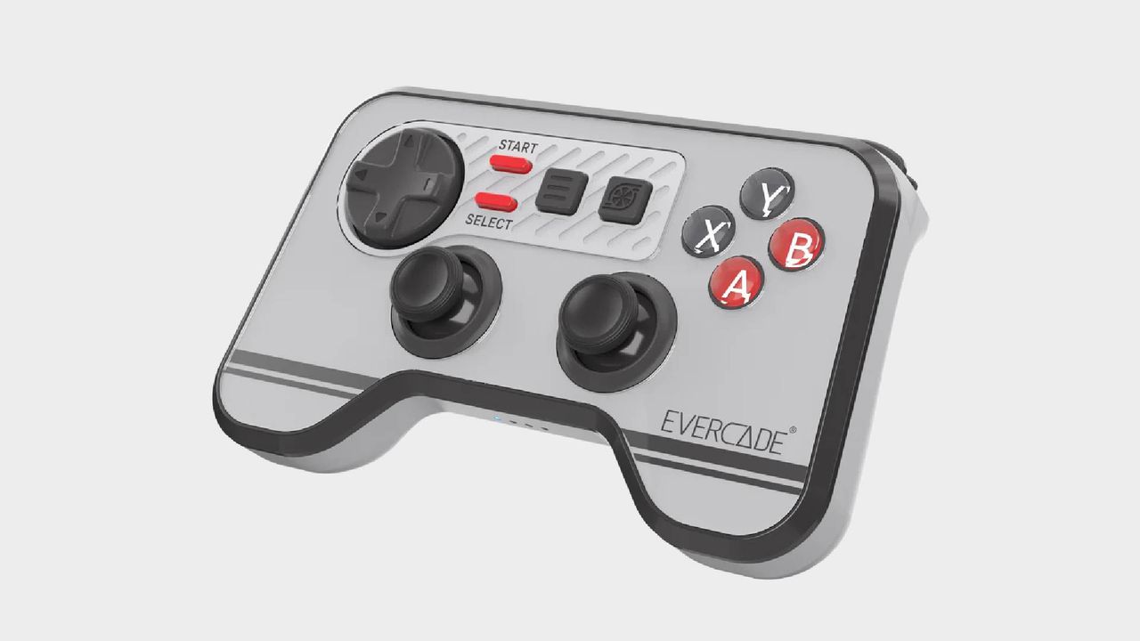 Front view of Evercade Wireless Controller with d-pad, face buttons, and analogue sticks in view.