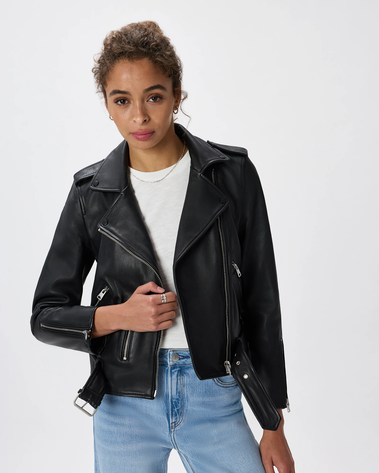 Women's 100% Leather Motorcycle Jacket in True Black, Size Xs