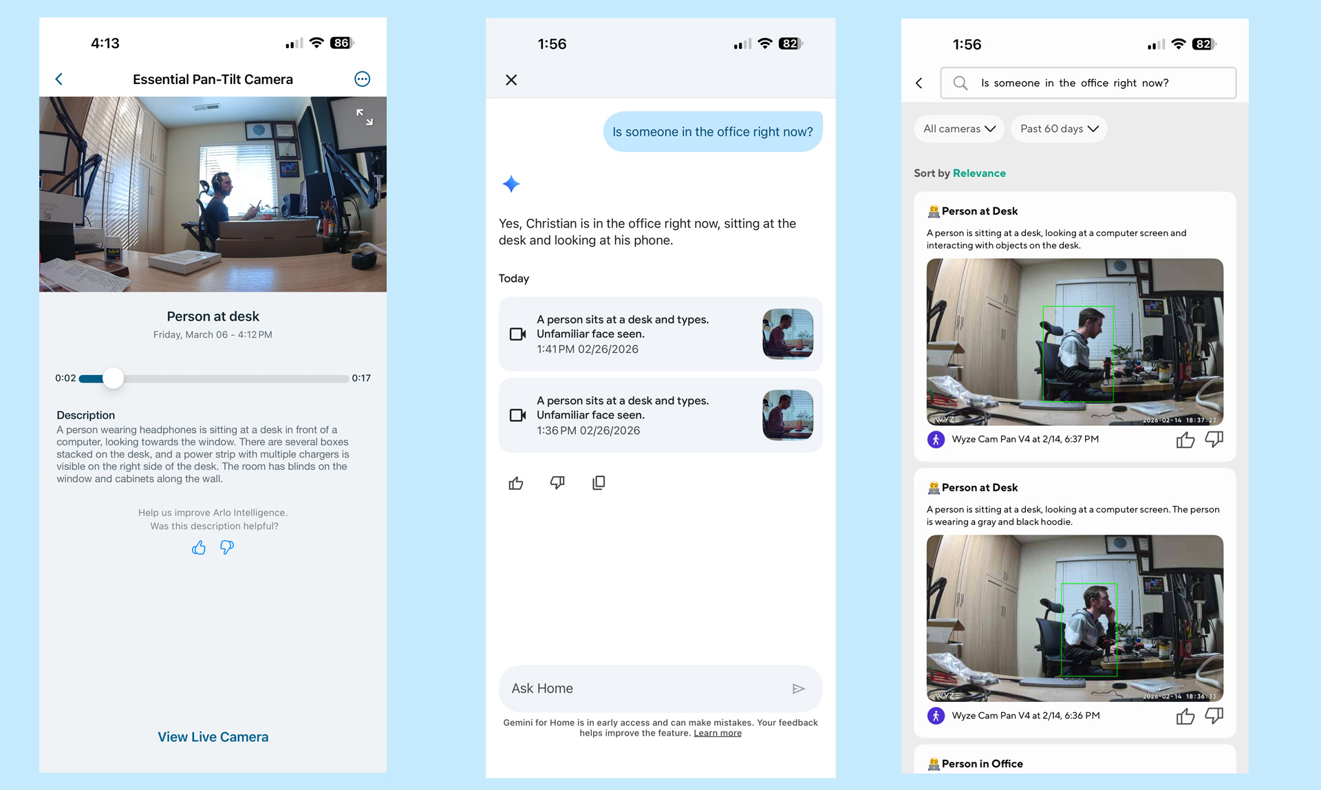 Screenshots from Arlo, Google, and Wyze security camera apps