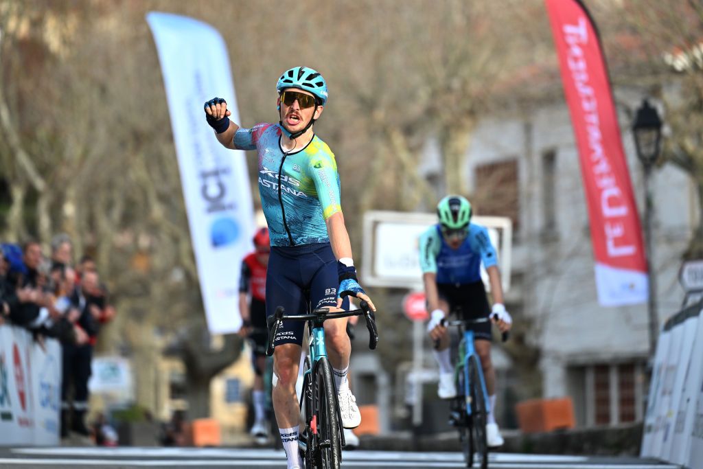 FAYENCE FRANCE FEBRUARY 21 Christian Scaroni of Italy and Team XDS Astana celebrates at finish line as race winner during the 2nd Classic Var 2025 a 1549km one day race from Le Luc to Fayence on February 21 2025 in Fayence France Photo by Billy CeustersGetty Images