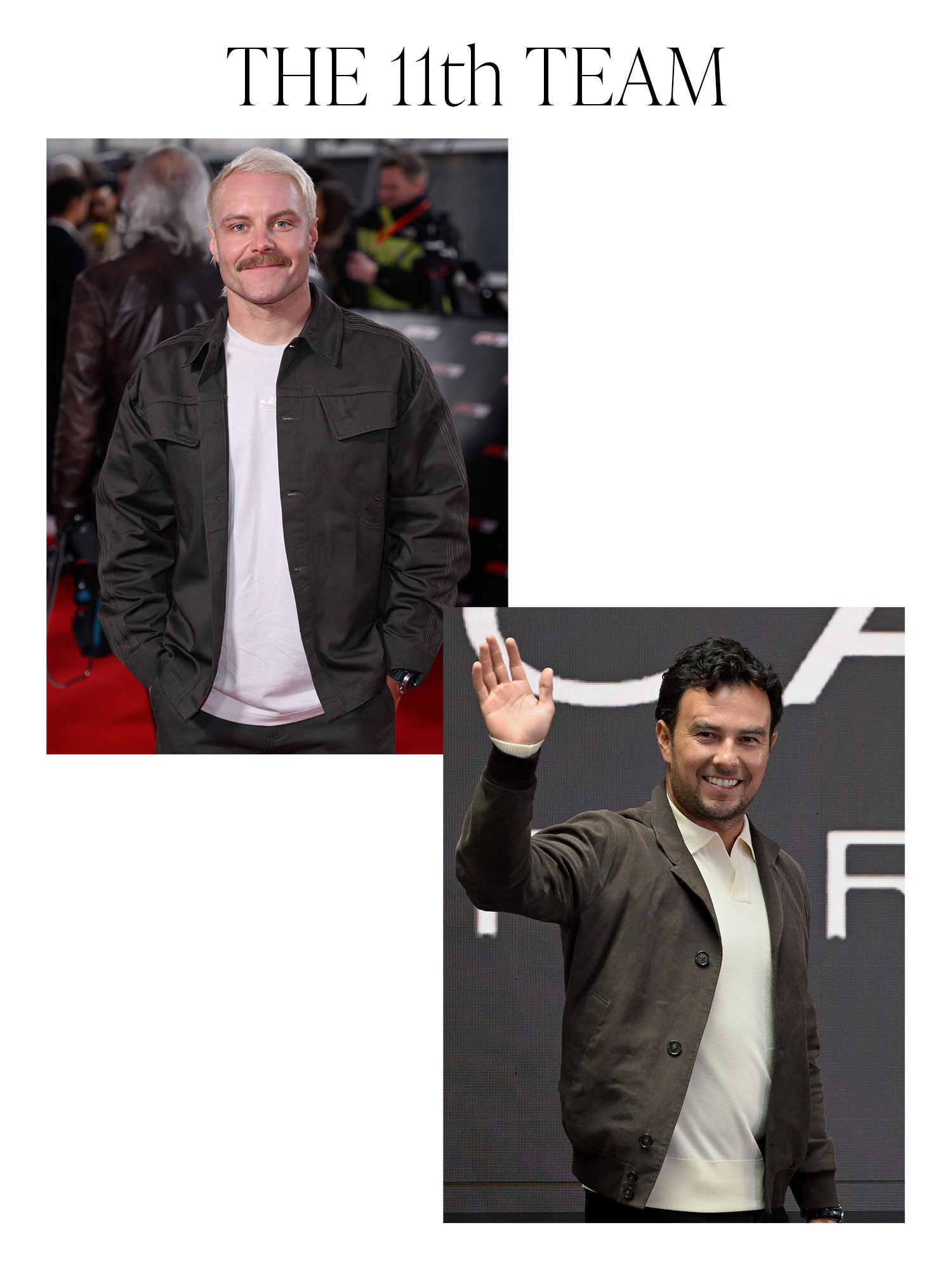 A collage featuring images of Valtteri Bottas and Sergio Perez with the words &quot;The 11th Team&quot; on top in black serif letters.