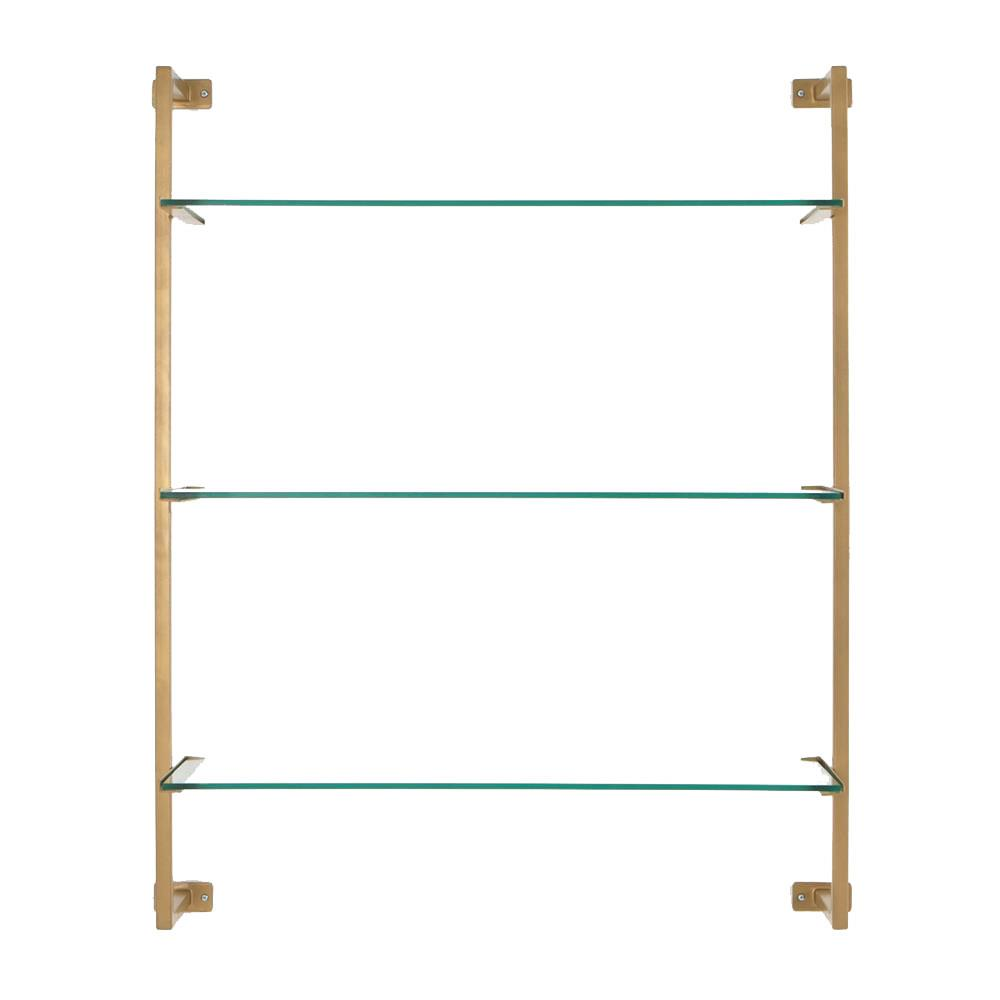 wall bookshelf with glass shelves and gold frame