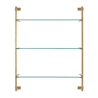 wall bookshelf with glass shelves and gold frame