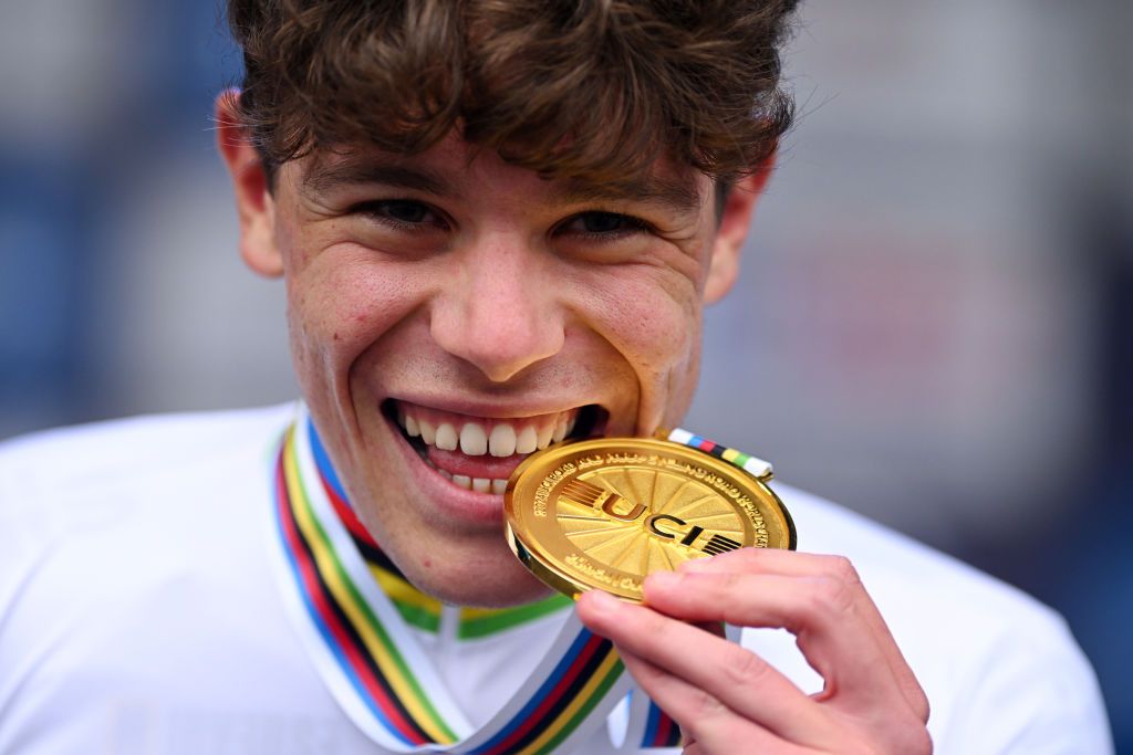 ZURICH SWITZERLAND SEPTEMBER 23 EDITORS NOTE Alternate crop Gold medalist Ivan Romeo of Team Spain celebrates on the podium during the 97th UCI Cycling World Championships Zurich 2024 Mens U23 Individual Time Trial a 299km one day race from Zurich to Zurich on September 23 2024 in Zurich Switzerland Photo by Dario BelingheriGetty Images