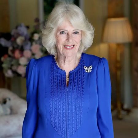 Queen Camilla wearing a blue dress and smiling