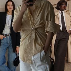 how to make a button-down shirt look more expensive is shown in a collage of button-down shirt outfit ideas for women