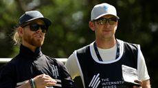 Scott Vincent and his caddie discuss a shot at the 2024 International Series Morocco