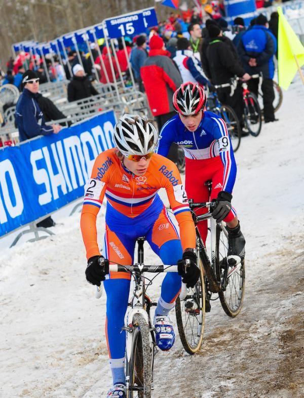 Pre-race favourite David van der Poel (Netherlands) leads Julian Alaphilippe (France) into a corner