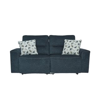 Blue velvety recliner sofa with two matching throw pillows