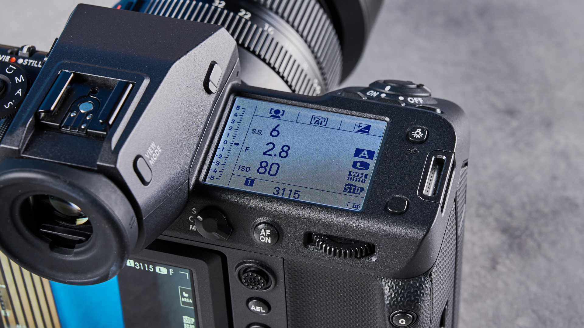 The Fujifilm GFX100 II top panel settings display
