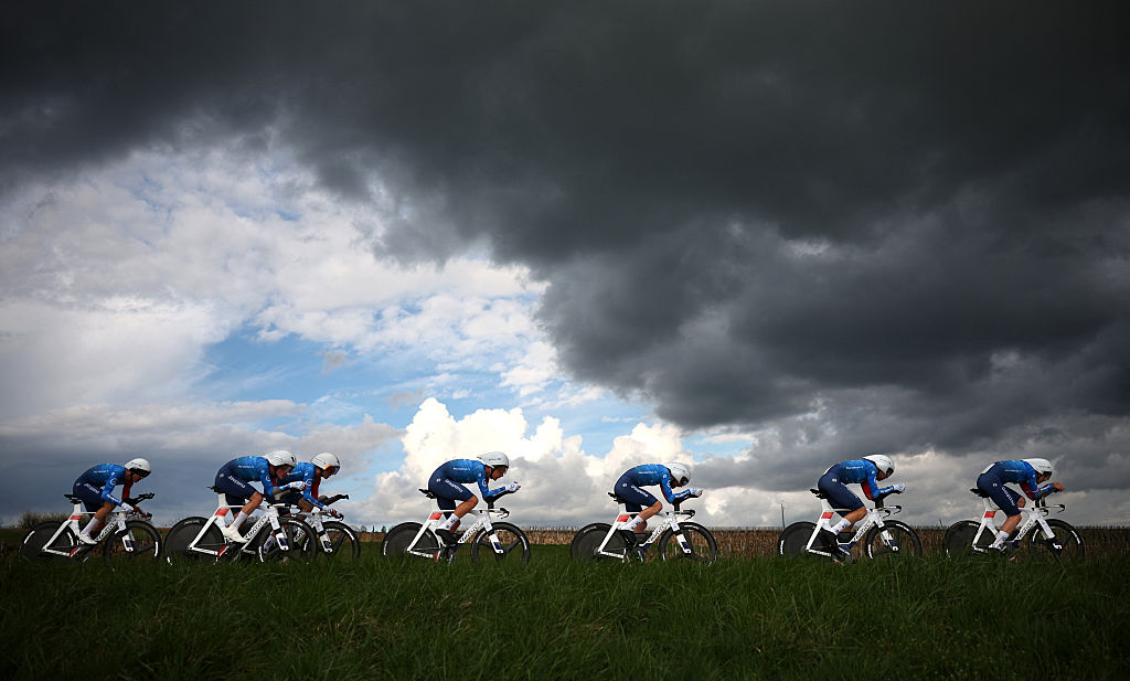 Groupama-FDJ United'steam compete during the 3rd stage of the Paris-Nice cycling race, 23.5 km team time-trial between Cosne-Cours-sur-Loire and Pouilly-sur-Loire, on March 10, 2026. (Photo by Anne-Christine POUJOULAT / AFP)