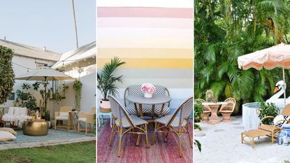 We love backyard ideas. Here are three of these - a white house with white outdoor furniture and an umbrella, a pink and blue striped wall with blue rattan furniture, and an outdoor pool with a swan floatie and a leafy wall behind it