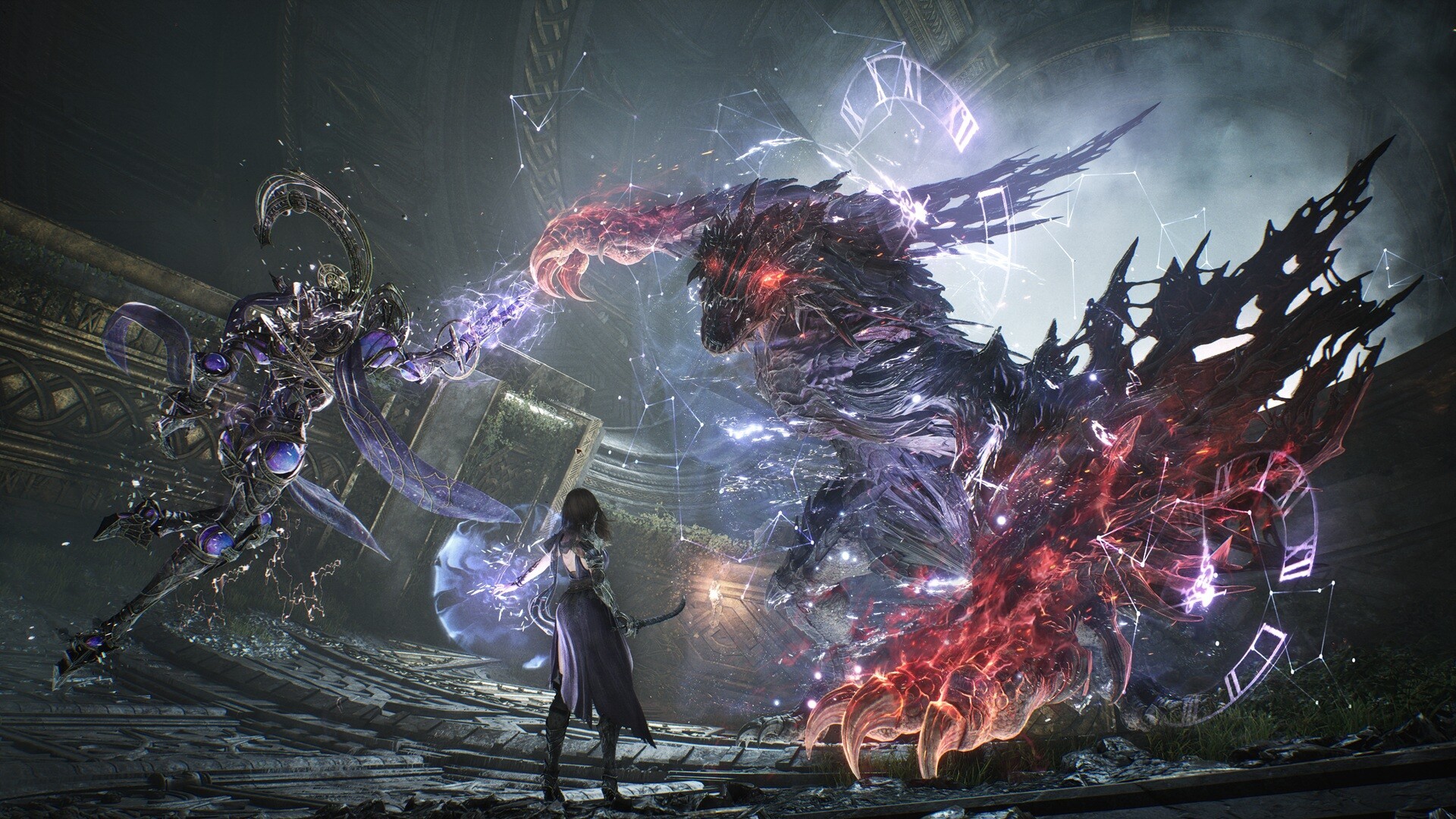 Gwendolyn fight a roaring, jagged beast in Tides of Annihilation surrounded by astrological and chronological symbols