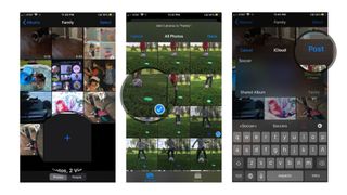Add new photos or video to Family album on iOS: Tap Plus Sign, Select Photos, Tap Post