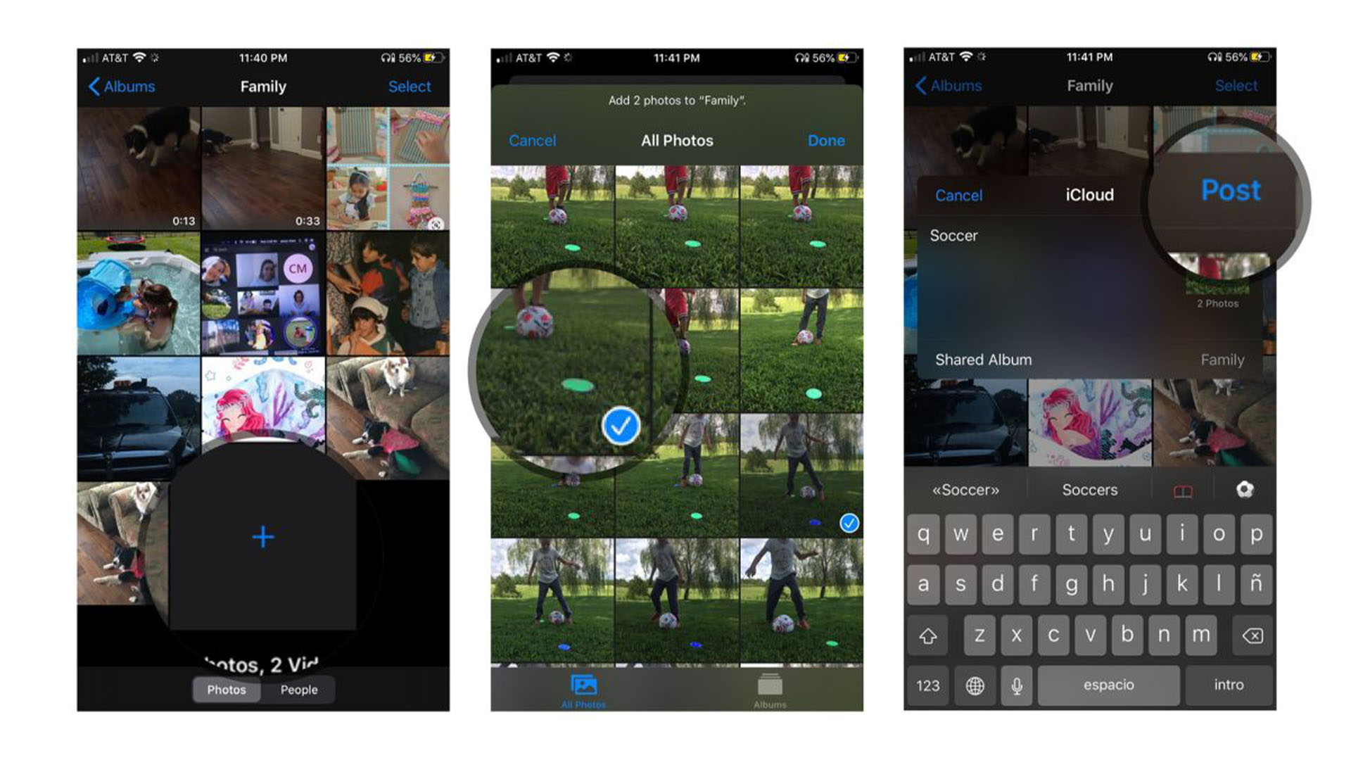 Добавьте новые фотографии или видео в Семейный альбом на iOS: нажмите «Плюс», выберите «Фотографии», нажмите «Опубликовать».