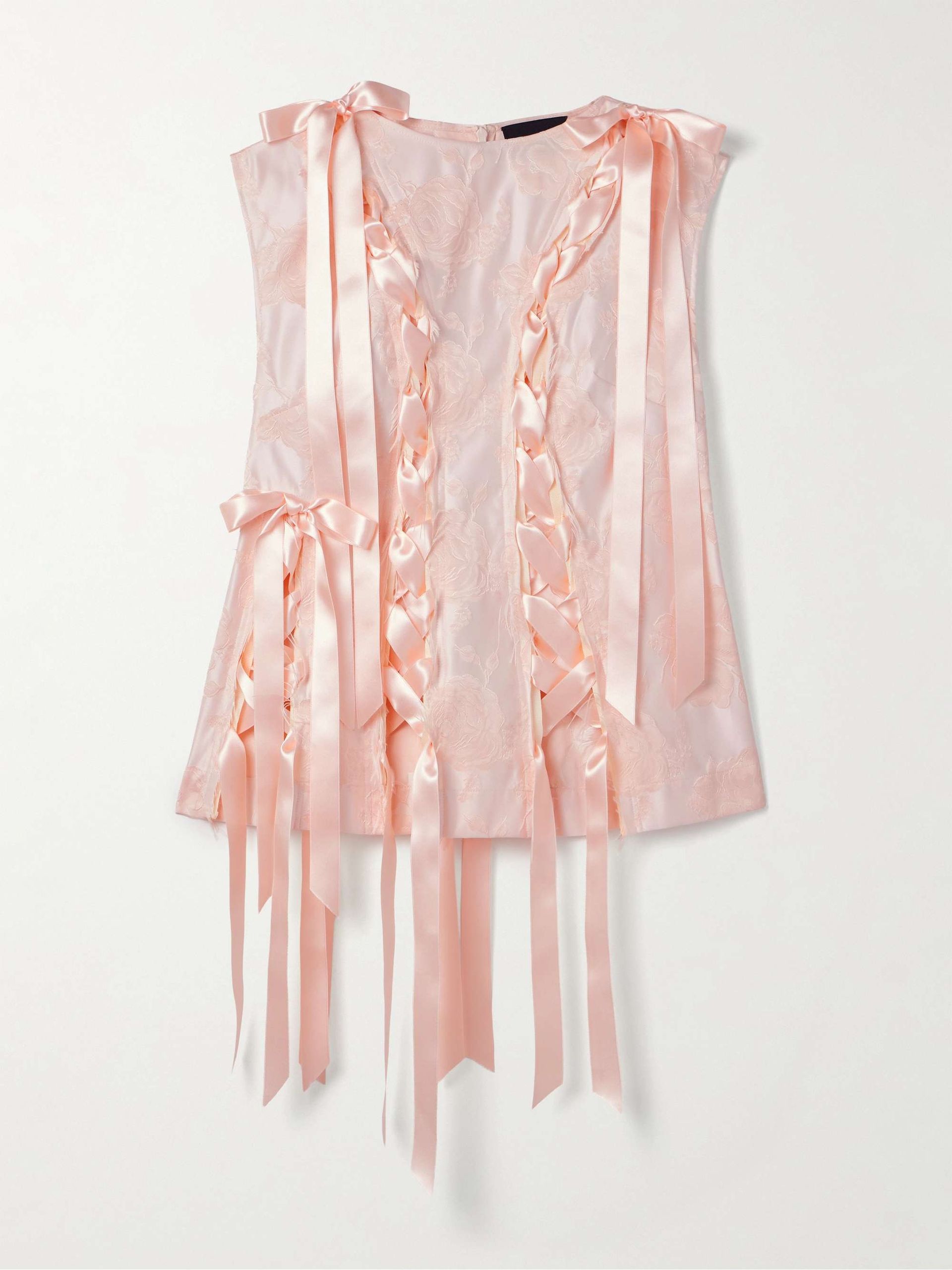 Unraveling Ribbon Lace-Up Frayed Brocade Top