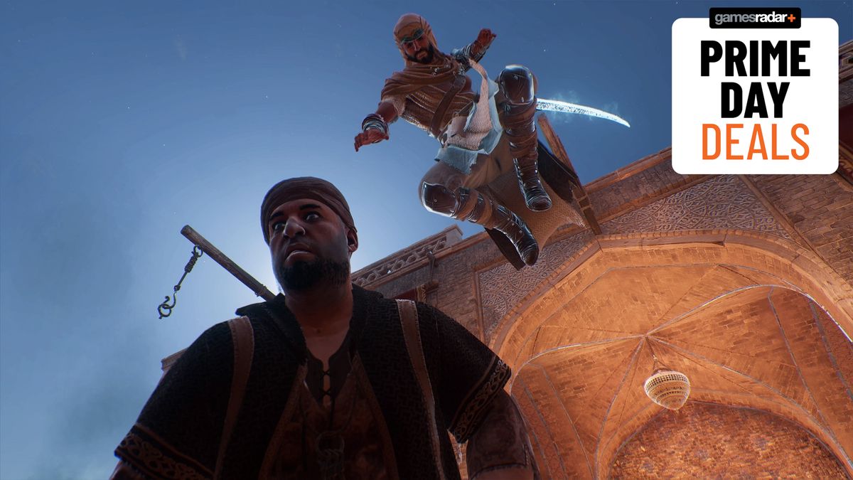 An assassin leaps onto an unsuspecting victim in Assassin&#039;s Creed Mirage, with a &#039;Prime Day deals&#039; badge in the top right-hand corner of the frame