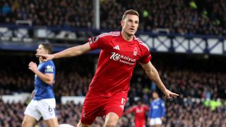 Chris Wood of Nottingham Forest celebrates scoring his team's first goal during the Premier League match between Everton FC and Nottingham Forest FC at Goodison Park on December 29, 2024 in Liverpool, England. 