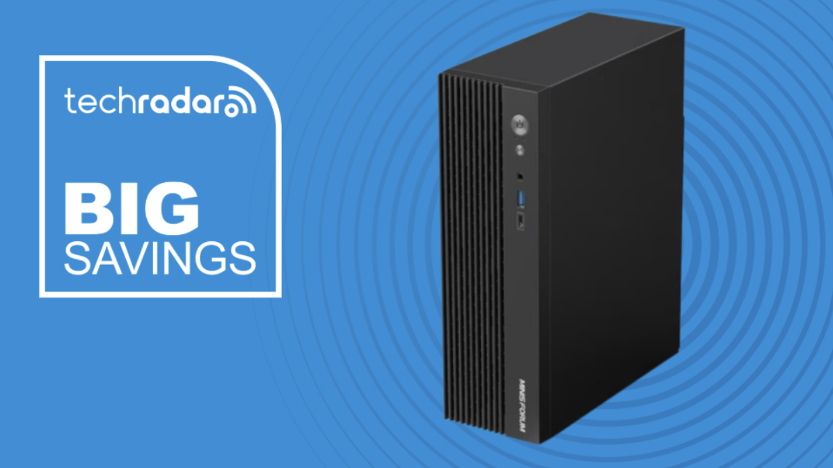 MINISFORUM 790S7 Mini Gaming PC on a blue background next to a TechRadar badge reading &#039;Big Savings&#039;