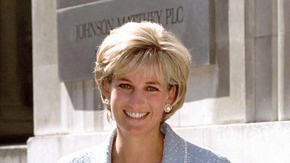 LONDON, UNITED KINGDOM - APRIL 21: Diana, Princess Of Wales, Leaving The British Lung Foundation In Hatton Garden After Being Presented With A Bouquet Of The First Rose Named After Her. (Photo by Tim Graham Photo Library via Getty Images)