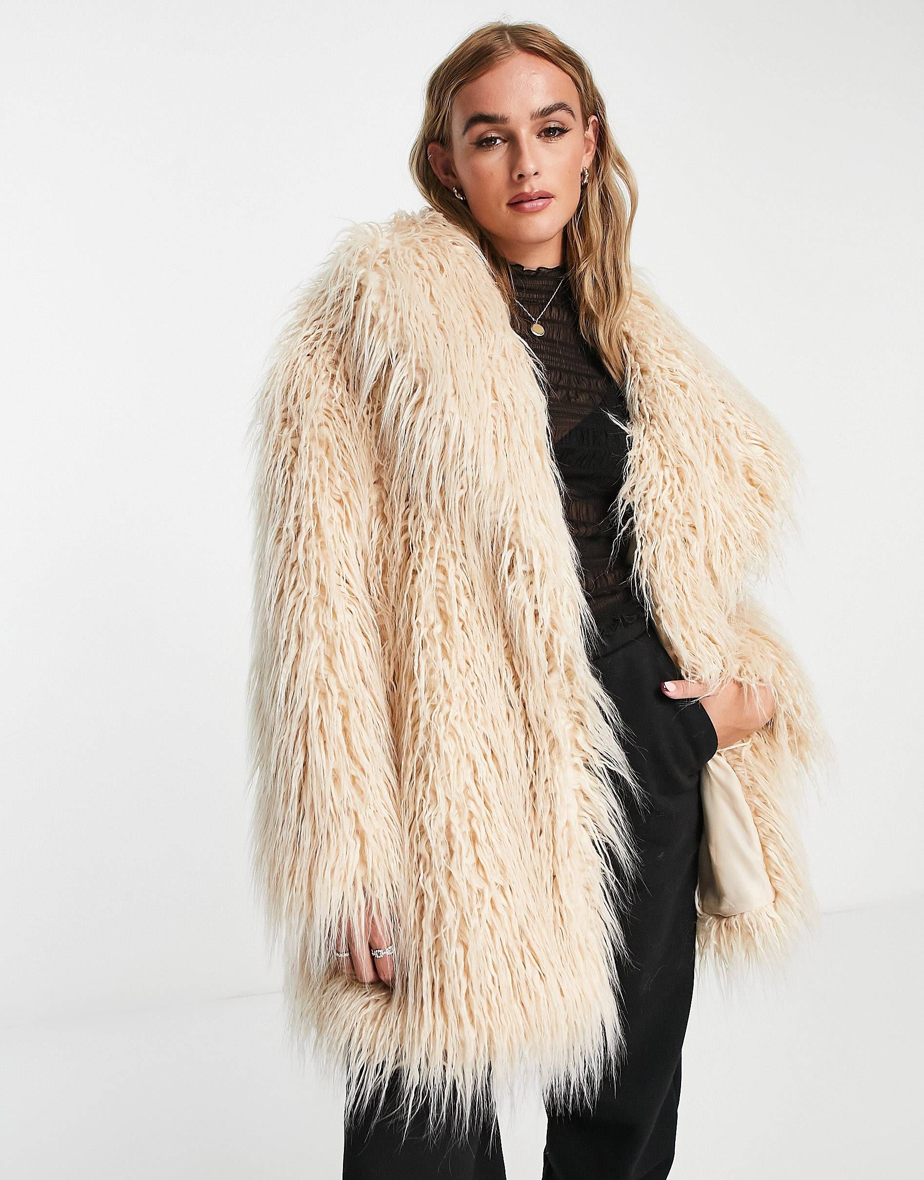 Stradivarius, Stradivarius Oversized Faux Fur Coat in Beige
