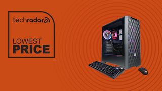 CyberPowerPC Gamer Master on orange background with lowest price text overlay