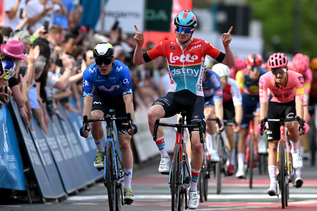 FRANKFURT AM MAIN GERMANY MAY 01 Maxim Van Gils of Belgium and Team Lotto Dstny celebrates at finish line as race winner ahead of Alex Aranburu of Spain and Movistar Team during the the 63rd EschbornFrankfurt 2024 a 2015km one day race from Eschborn to Frankfurt am Main UCIWT on May 01 2024 in Frankfurt am Main Germany Photo by Christian KasparBartkeGetty Images