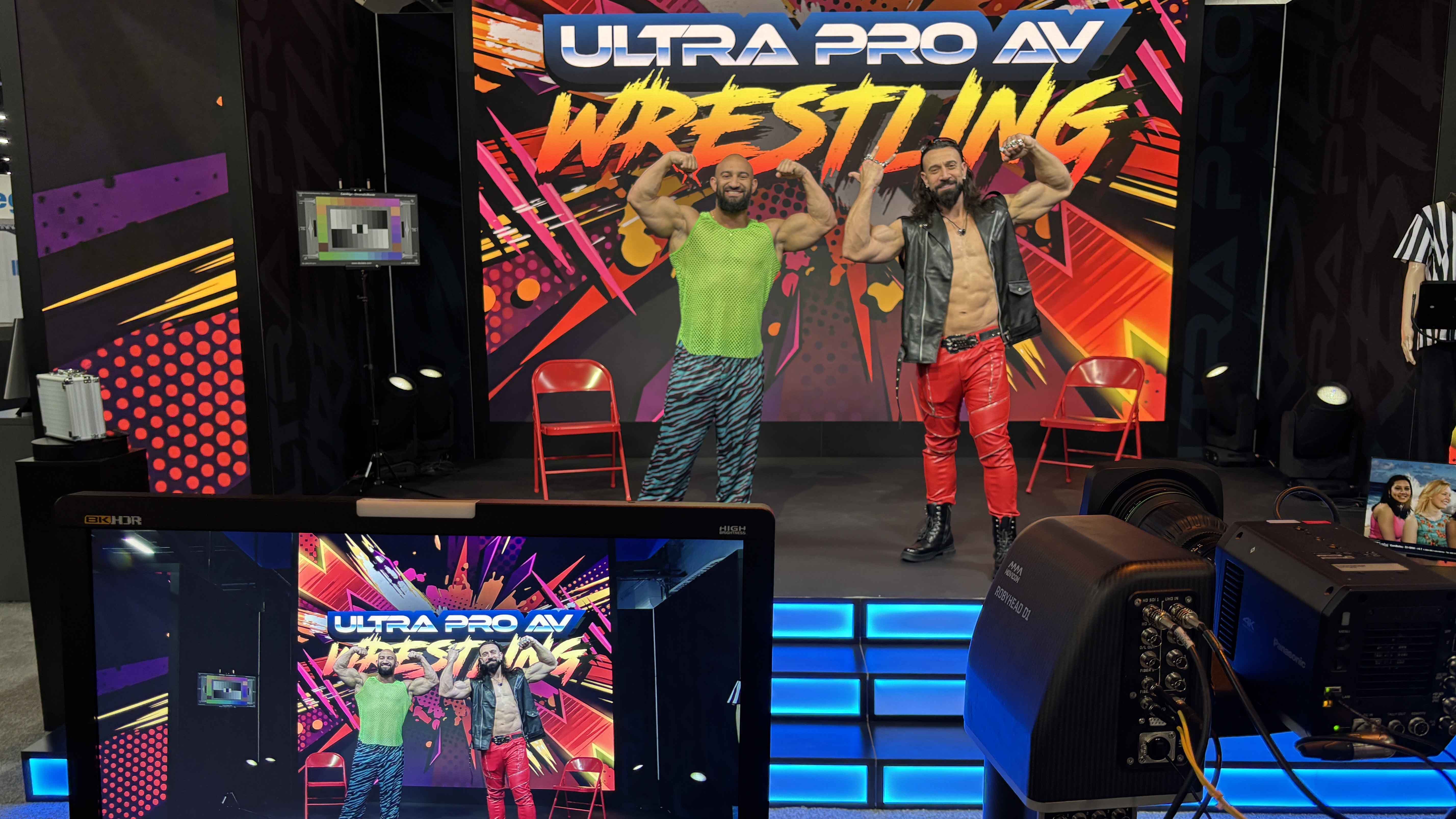 Views from the NAB Show 2026 show floor including wrestlers, Shure audio, a mock production set, and Roger and James Deakins. 