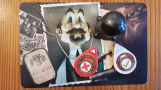 A Mysterium character board of a man with a goatee, complete with tokens and icons