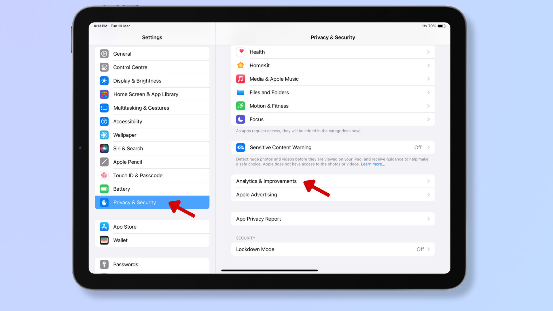 Screenshot of an iPad's Settings, with red arrows pointing at Privacy & Security and Analytics & Improvements. 