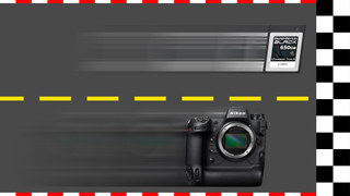 Graphic depicting a Nikon Z9 racing a CFexpress card on a drag strip