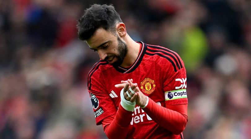 Bruno Fernandes gestures during Manchester United&#039;s Premier League game against Burnley in April 2024.