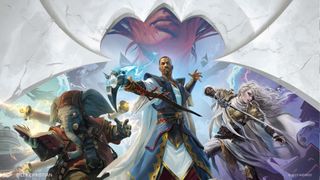 Three heroes from Magic: The Gathering stand in the foreground, with Phyrexian leader Elesh Norn looming in the background